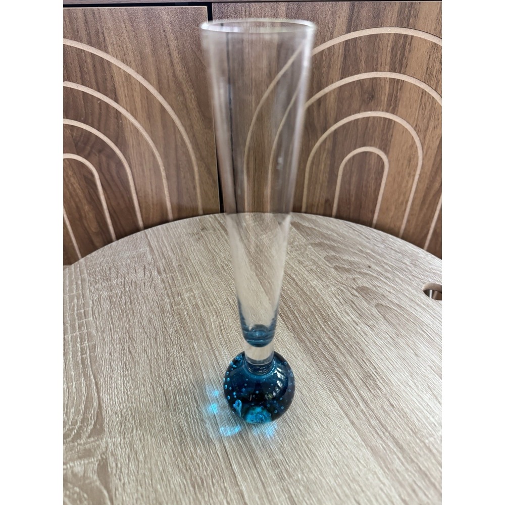 10" Art Glass Bud Vase Aqua Bubble Base Sommerso Style Hand Blown Mid Century - Picture 1 of 4